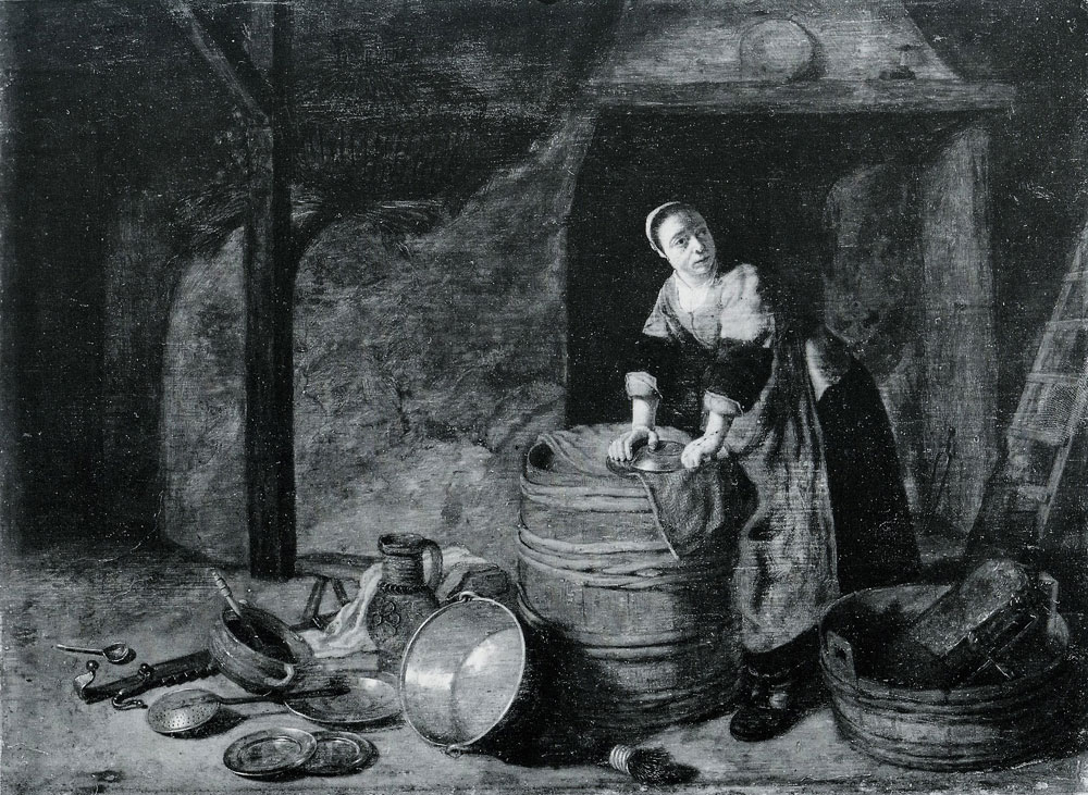 Attributed to Pieter van den Bosch - A Woman scouring a Pot