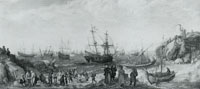 Adam Willaerts Warships off the Coast with a Fishmarket on the Beach