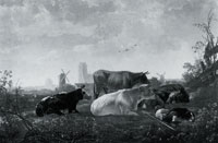 Aelbert Cuyp A Distant View of Dordrecht, with a Sleeping Herdsman and Five Cows