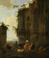 Attributed to Nicolaes Berchem Ruin with Figures
