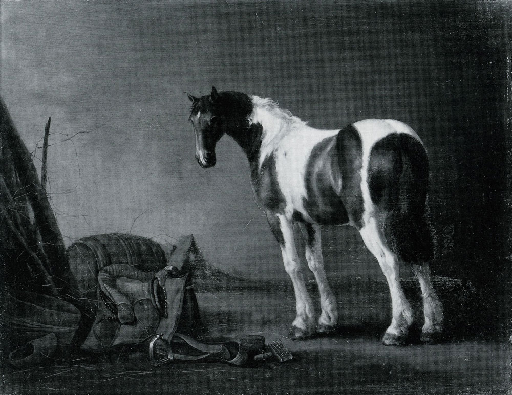 Abraham van Calraet - A Brown and White Skewbald Horse with a Saddle beside it