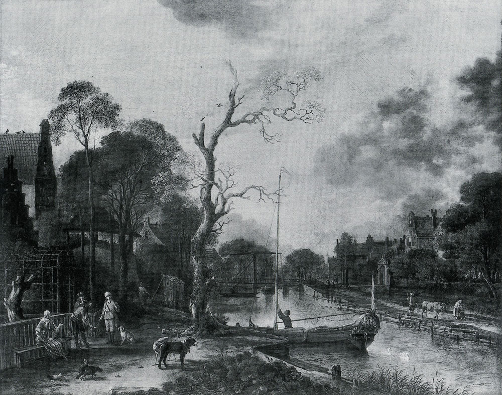 Aert van der Neer - A View along a River near a Village at Evening