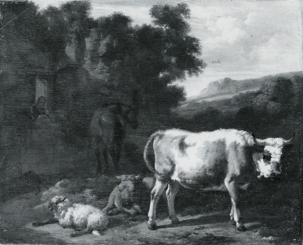 Dirck van Bergen - Two Claves, a Sheep and a Dun Horse by a Ruin