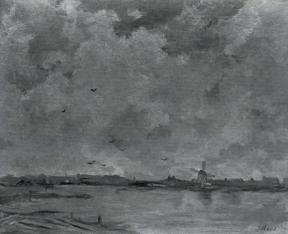 Jacob Maris - A Windmill and Houses beside Water: Stormy Sky