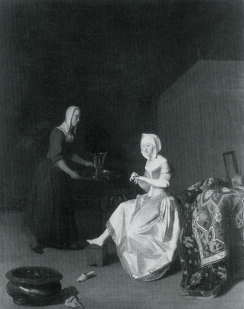 Jacob Ochtervelt - A Young Lady trimming her Finger-nails, attended by a Maidservant