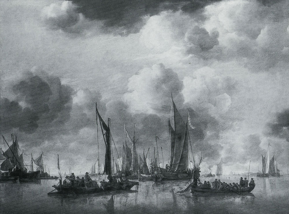 Jan van de Cappelle - A Dutch Yacht firing a Salute as a Barge pulls away, and Many Small Vessels at Anchor