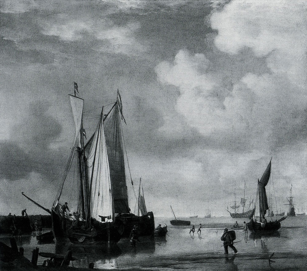 Willem van de Velde the Younger - Dutch Vessels close Inshore at Low Tide, and Men Bathing