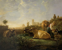 Aelbert Cuyp A Distant View of Dordrecht, with a Milkmaid and Four Cows, and Other Figures