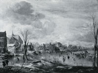 Aert van der Neer A Frozen River near a Village, with Golfers and Skaters