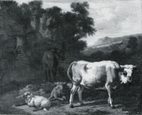 Dirck van Bergen Two Claves, a Sheep and a Dun Horse by a Ruin