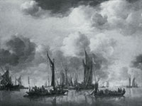 Jan van de Cappelle A Dutch Yacht firing a Salute as a Barge pulls away, and Many Small Vessels at Anchor