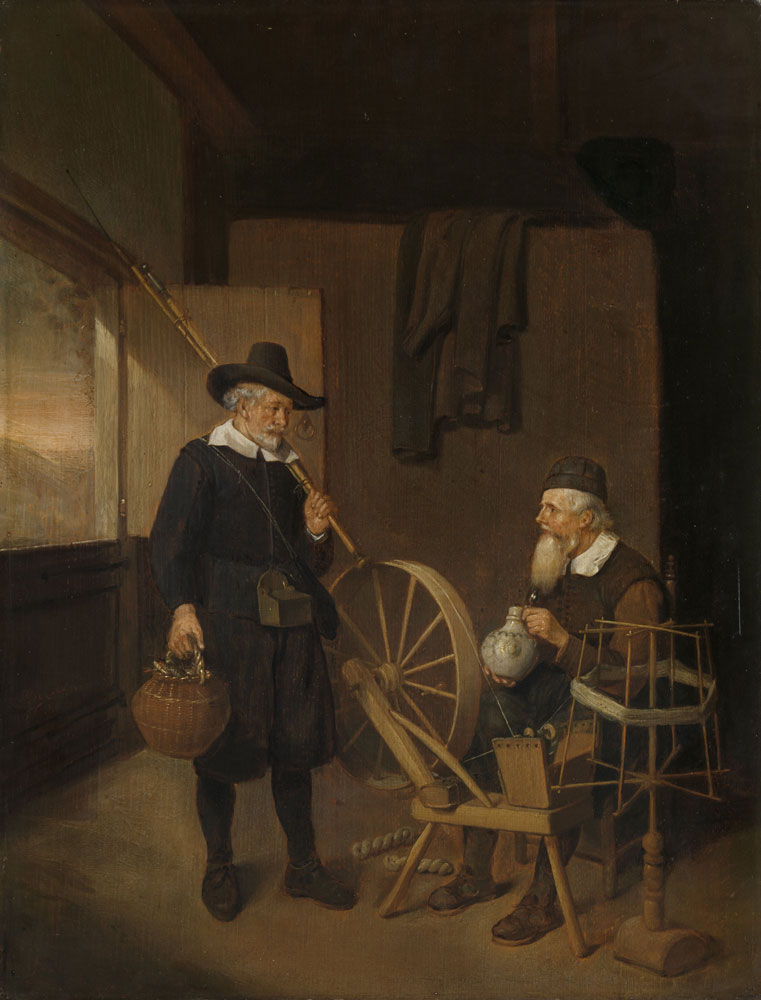 Quiringh van Brekelenkam - Interior with an Angler and a Man Sitting at a Spinning Wheel and Reel