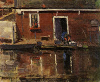Piet Mondriaan House Facade on the Water with Woman Washing