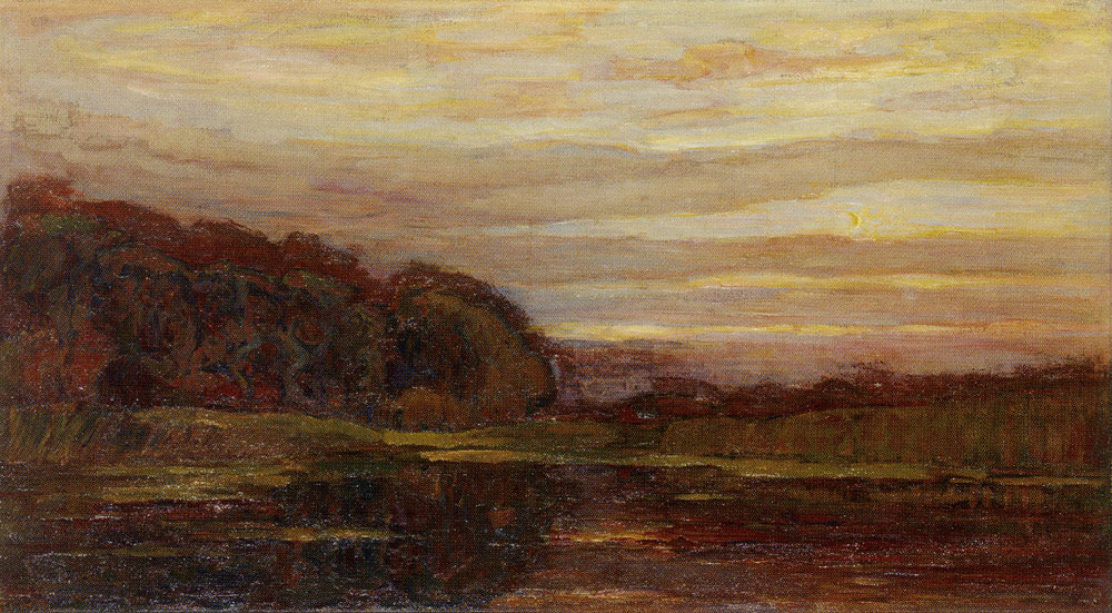 Piet Mondriaan - Farmstead along the Gein Screened by Tall Trees: Greenish Streaks in Sky with Crescent Moon