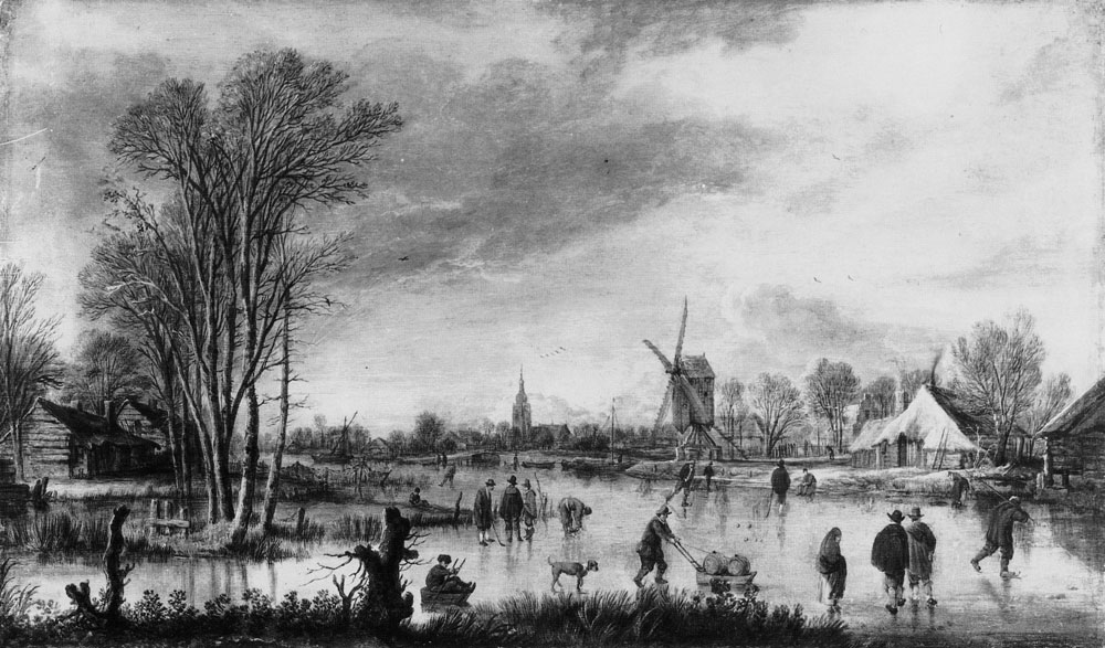 Aert van der Neer - Frozen Canal near a Village with a Windmill