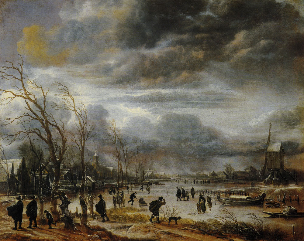 Aert van der Neer - Winter Landscape with Post-Mill in a Snowstorm