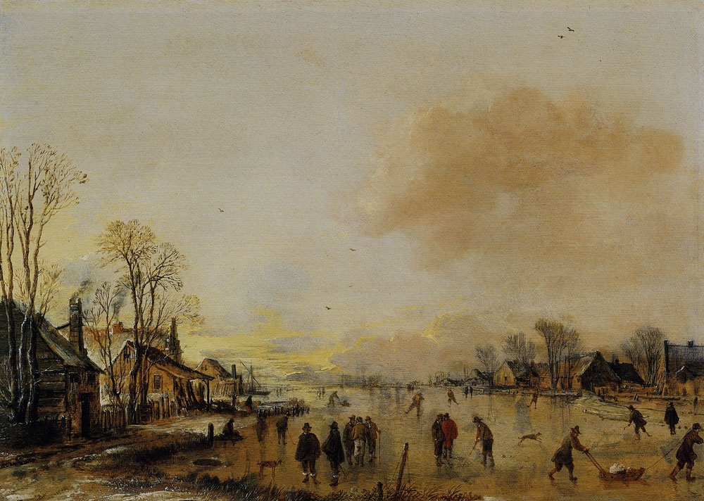 Aert van der Neer - Winter Scene on a Frozen River with Skaters and Kolfplayers