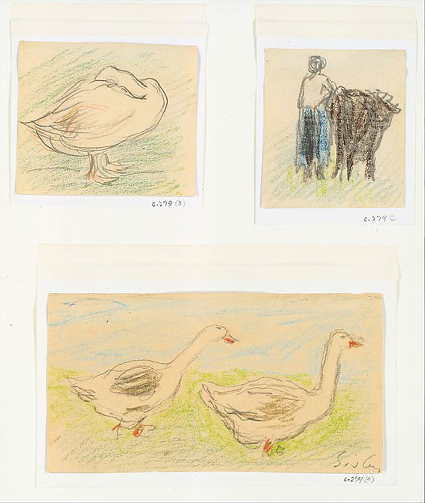 Alfred Sisley - Three Sketches-Two Geese Walking; Peasant Woman with a Cow; Goose Hiding its Head