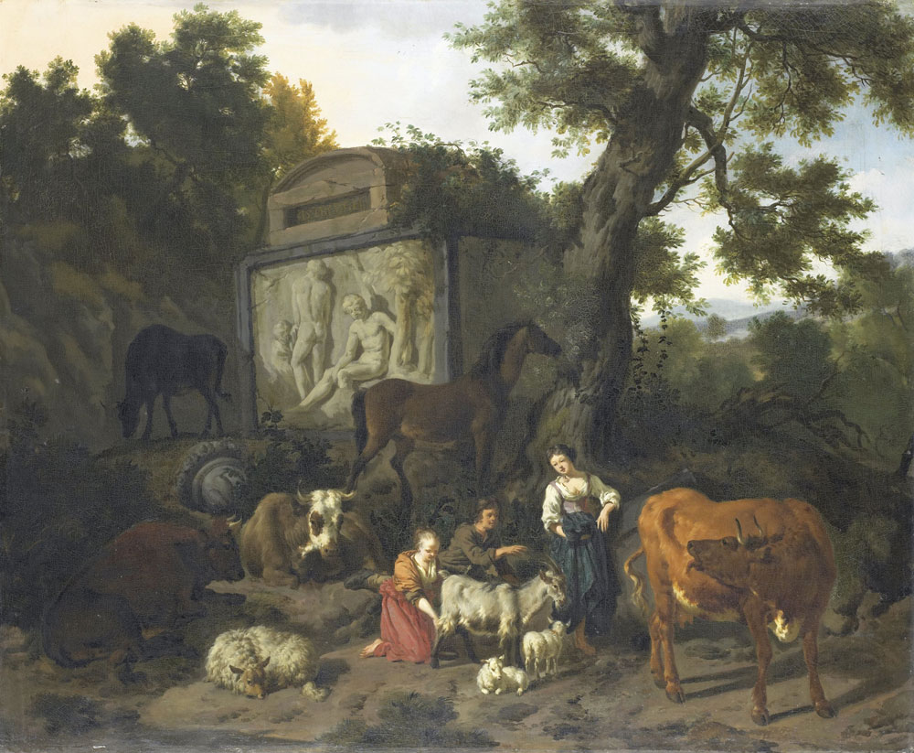 Dirck van Bergen - Landscape with Herdsmen and Livestock near a Mausoleum
