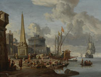 Abraham Storck A Fortified Mediterranean Port with an Obelisk and a Galley Moored Nearby