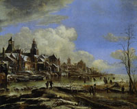 Aert van der Neer Winter Scene on a Frozen River before a Town