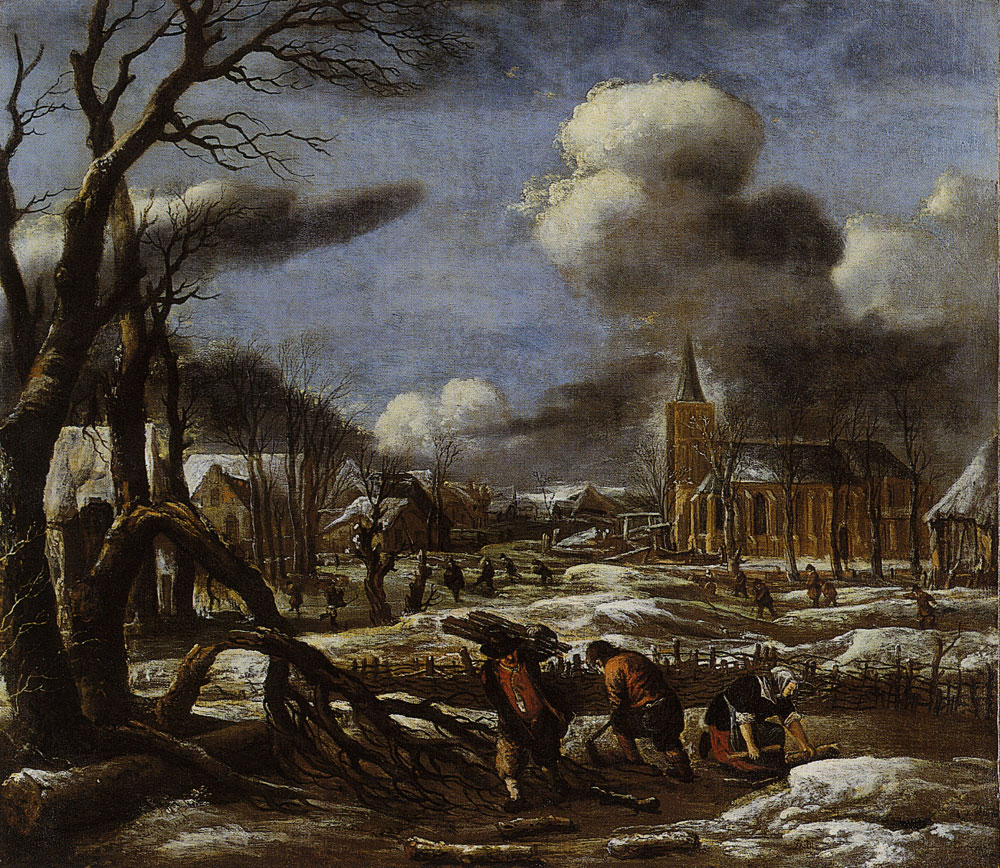 Aert van der Neer - Winter Landscape with Three Figures Gathering Wood