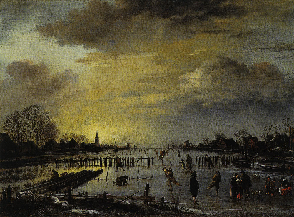 Aert van der Neer - Wide Frozen River Landscape at Sunset with Skaters