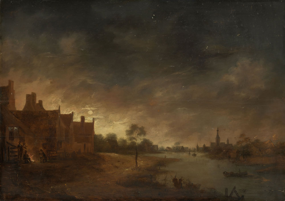 Manner of Aert van der Neer - River Landscape by Moonlight with a Campfire