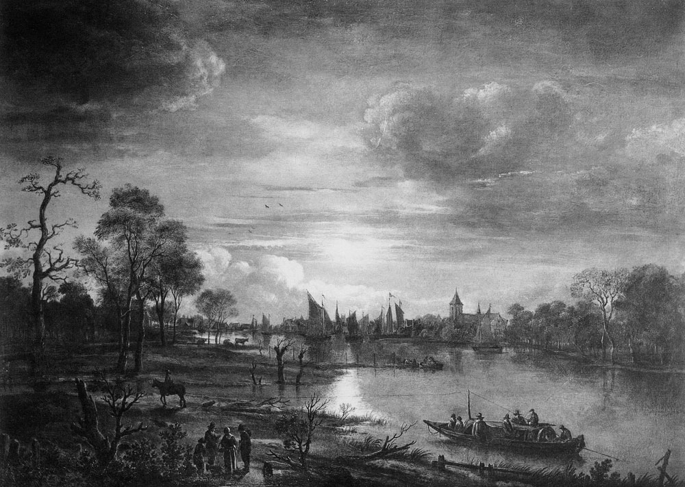 Aert van der Neer - River Landscape by Moonlight with a Ferryboat to the Right