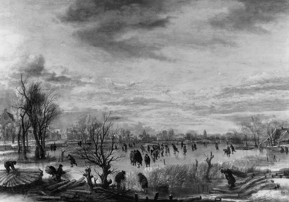 Aert van der Neer - Winter Scene with Reed Cutters in the Foreground