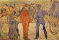 Edvard Munch - People Gathering Around a Man in Red