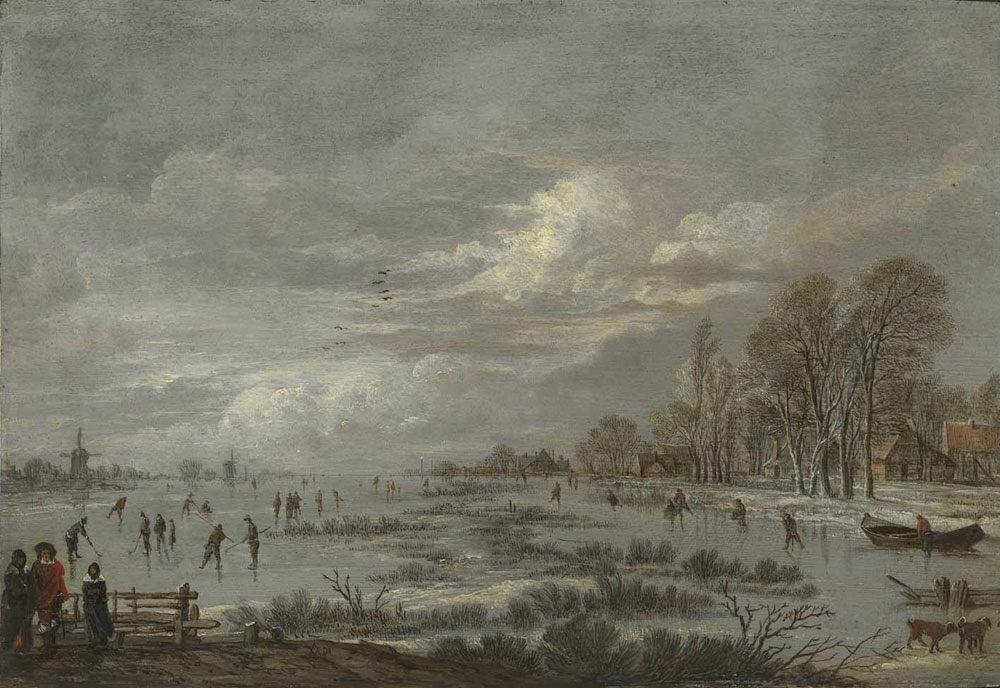 Aert van der Neer - Wide Frozen River Landscape, Mixed with Grass