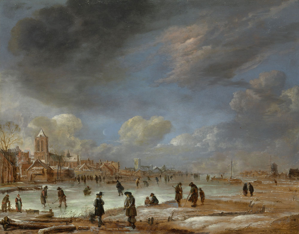 Aert van der Neer - Winter Scene on a Frozen Canal near a Town on the Left Bank