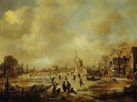 Aert van der Neer Winter Scene near a Village with a Windmill