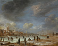 Aert van der Neer Winter Scene on a Frozen Canal near a Town on the Left Bank