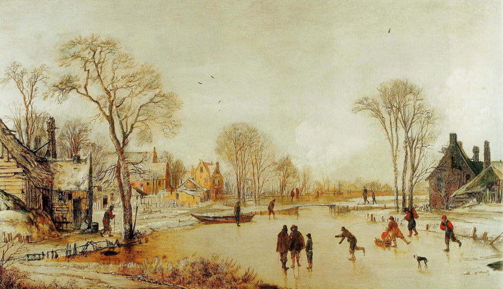 Aert van der Neer - Skaters on a Frozen Canal by a Village