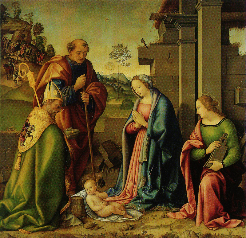 Raffaello Botticini - Adoration of the Christ Child with St. Barbara ...
