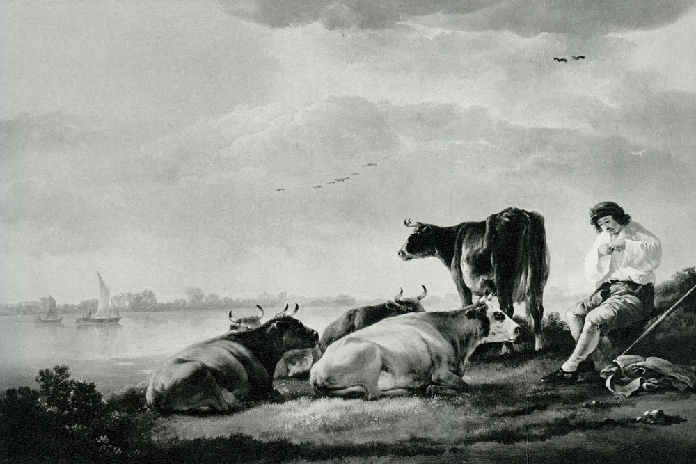 Aelbert Cuyp - Cows and Herdsman by a River