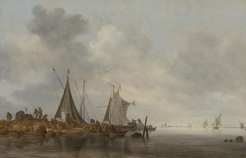 Jan van Goyen - Fishing Boats Moored at an Embankment