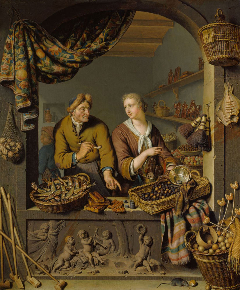 Willem van Mieris - An Old Man and a Girl at a Vegatable and Fish Stall