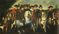 Follower of Adriaen van de Venne Prince Maurits Accompanied by His Two Brothers, Frederick V, Elector of the Palatinate, and some Counts of Nassau on Horseback