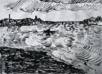 Vincent van Gogh The Rhône with Boats and a Bridge