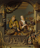 Willem van Mieris An Old Man and a Girl at a Vegatable and Fish Stall