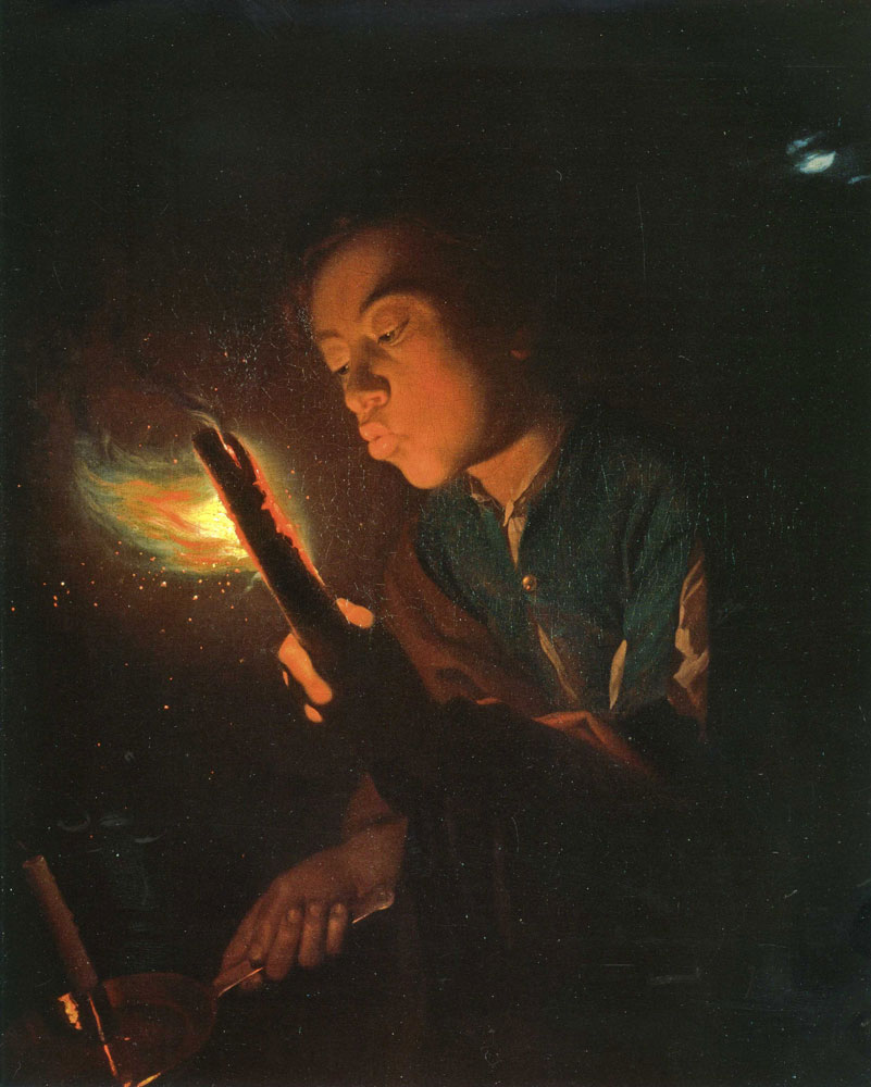 Godfried Schalcken - A Boy Blowing on a Firebrand to Light a Candle