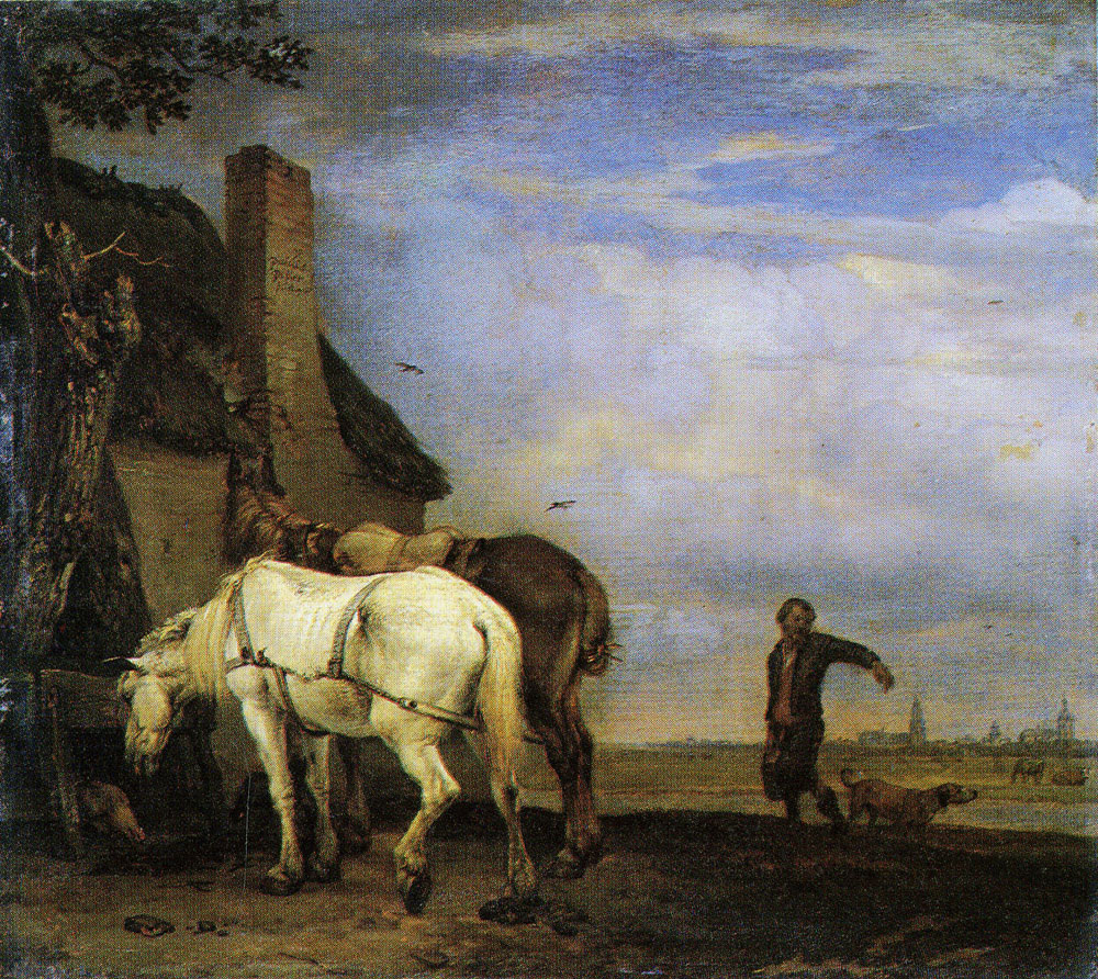 Paulus Potter - Two Carts in front of a Thatched Cottage