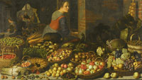 Floris Gerritsz. van Schooten Still Life with Fruit and Vegetables, with Christ at Emmaus in the Background