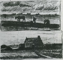 Vincent van Gogh Plowman with Stooping Woman, and a Little Farmhouse with Piles of Peat