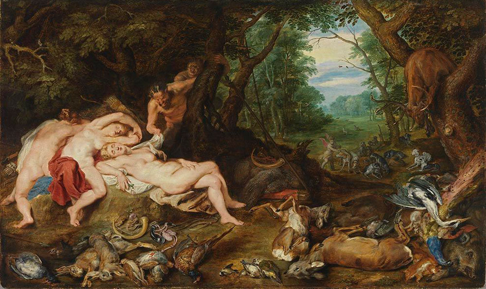 Jan Brueghel the Elder and School of Peter Paul Rubens - Sleeping Diana with Satyrs and Dogs