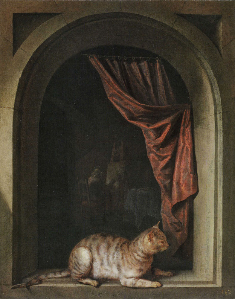 Gerard Dou - Cat Crouching on the Ledge of an Artist's Atelier