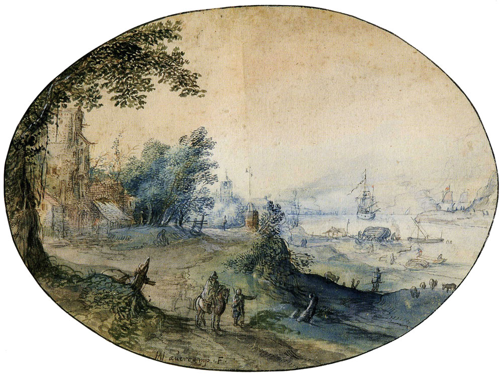 Hendrick Avercamp - Landscape with Buildings on the Bank of a River